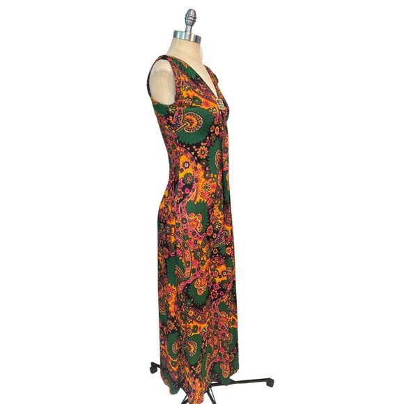 Vintage 70s Floral Paisley Retro Maxi Dress W/ Gold Buckle Detail Fits 4 6 Sml - Picture 3 of 7